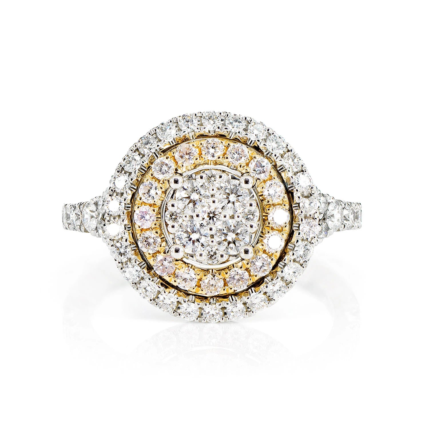 Double Halo Round Cluster Diamond Ring in two-tone 14k gold, front view
