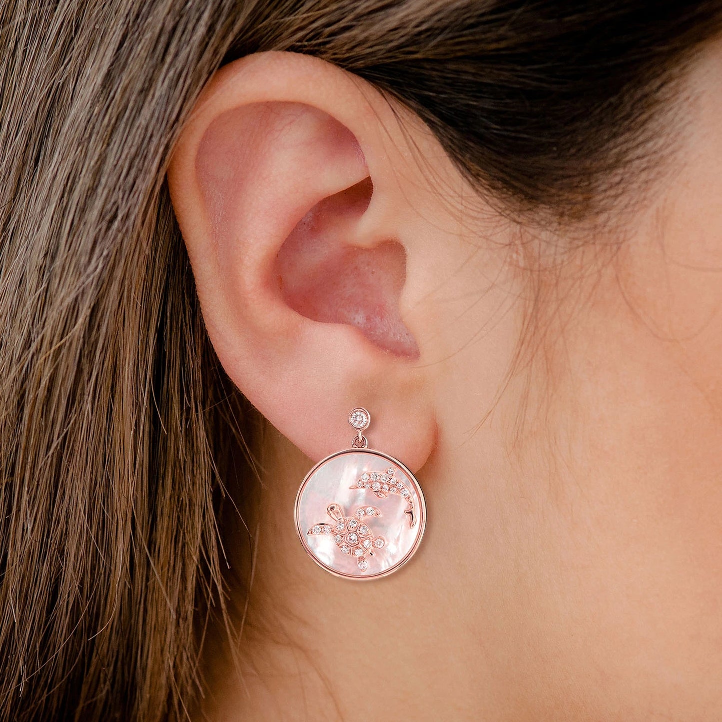 Mother of Pearl and Diamond Sea Turtle Dolphin Earrings