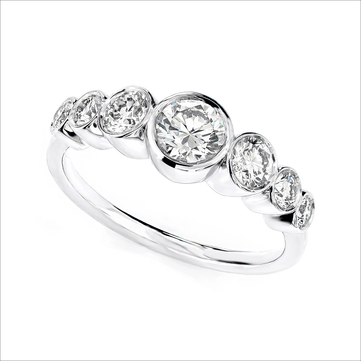7 stone bezel set diamond ring in 14K white gold, angled view