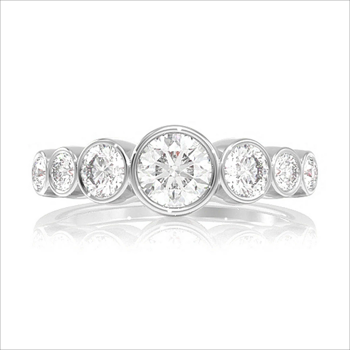 7 stone bezel set diamond ring in 14K white gold, front view