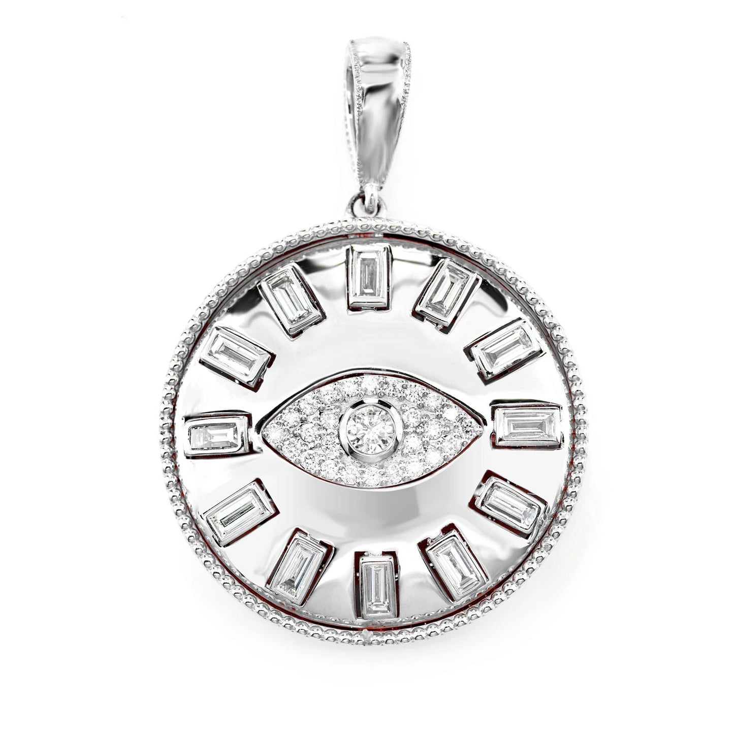 Evil Eye Baguette Diamond Medallion Pendant in 14K white gold, front view