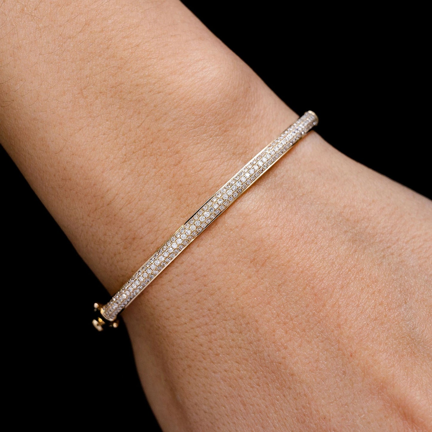 Three Row Pavé Diamond Bangle in 14K yellow gold, 1.05ctw, angled view