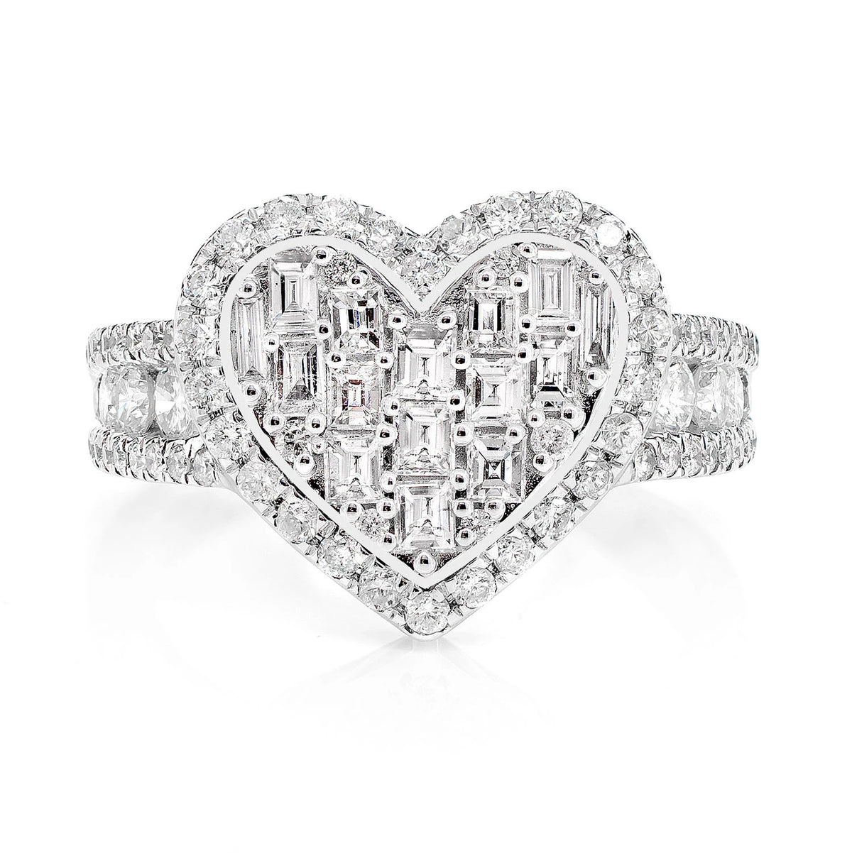 Two Layer Baguette and Round Diamond Heart Ring
