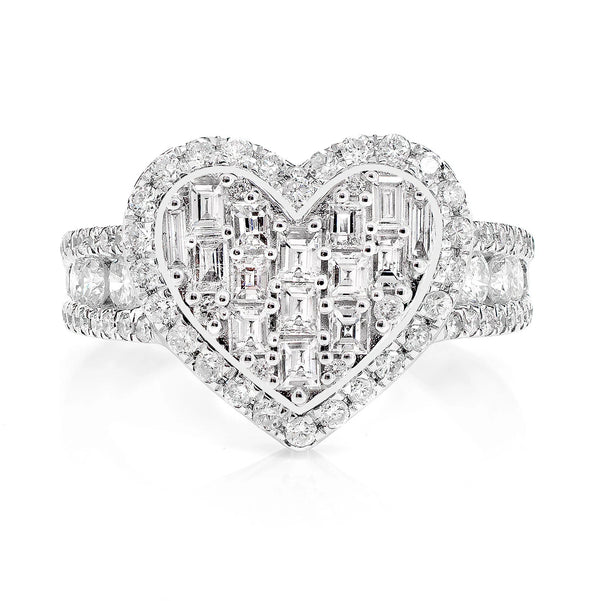 Two Layer Baguette and Round Diamond Heart Ring