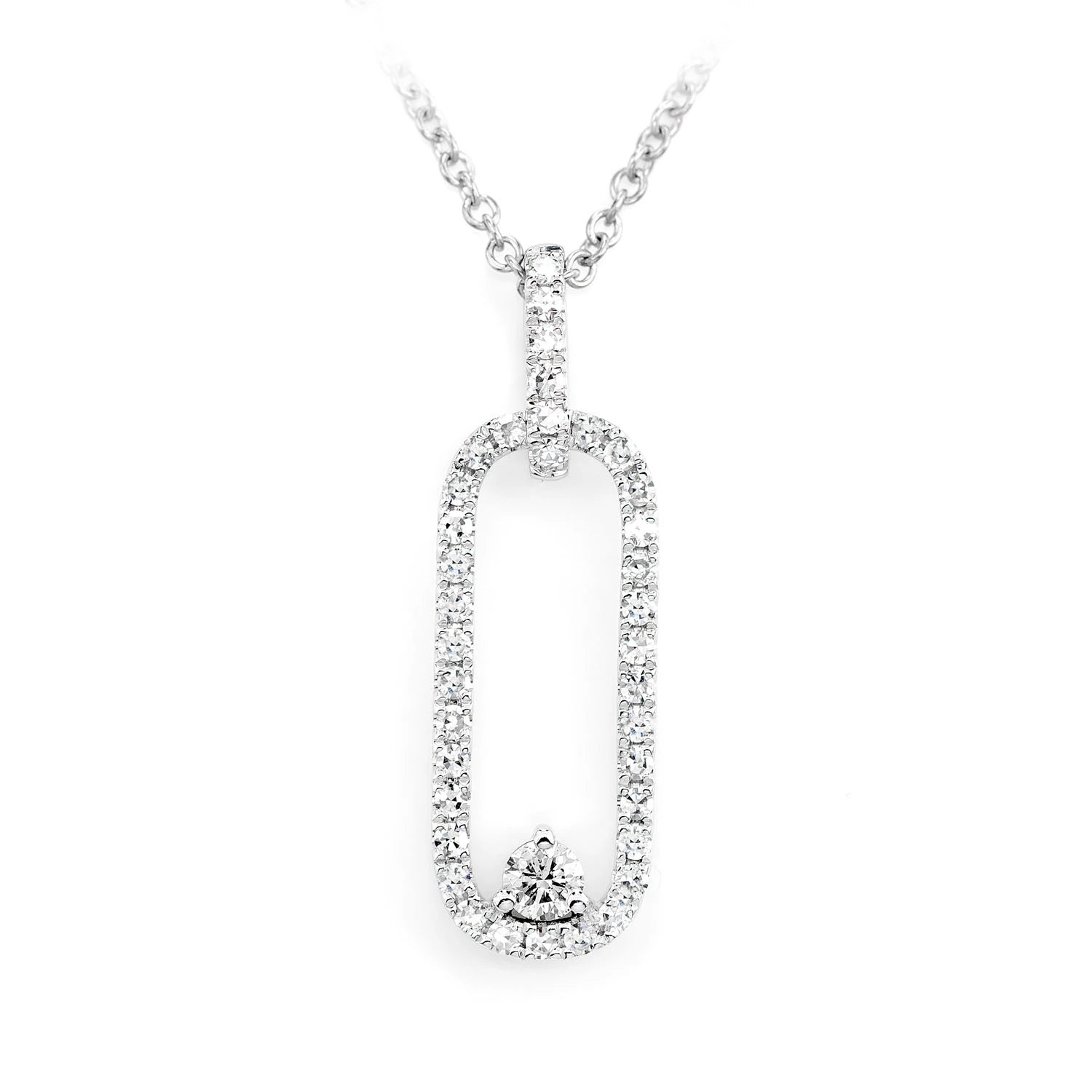 Open Oval Abstract Diamond Necklace in 14K white gold, front view