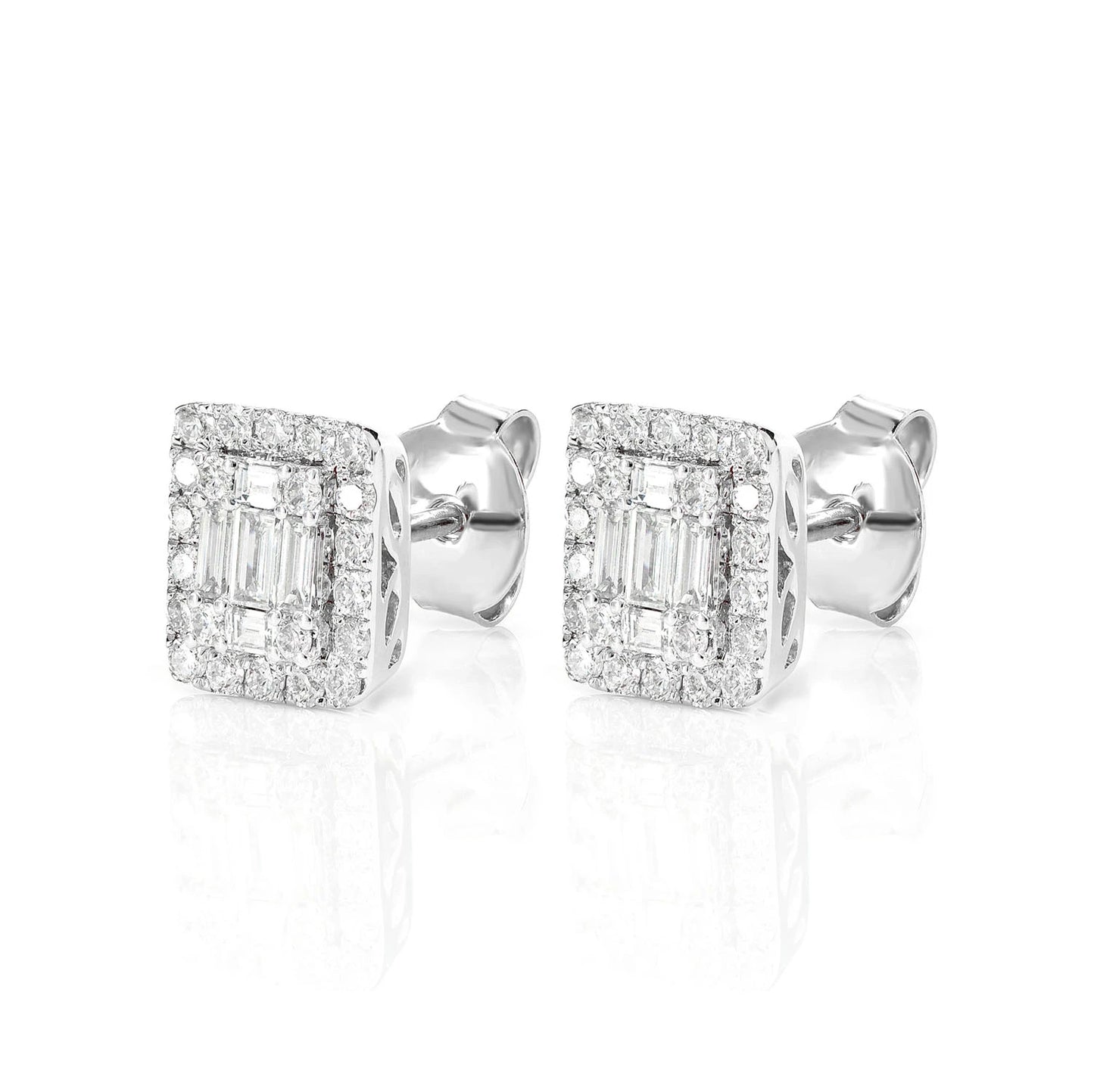 Halo Diamond Baguette Stud Earrings 0.70ctw