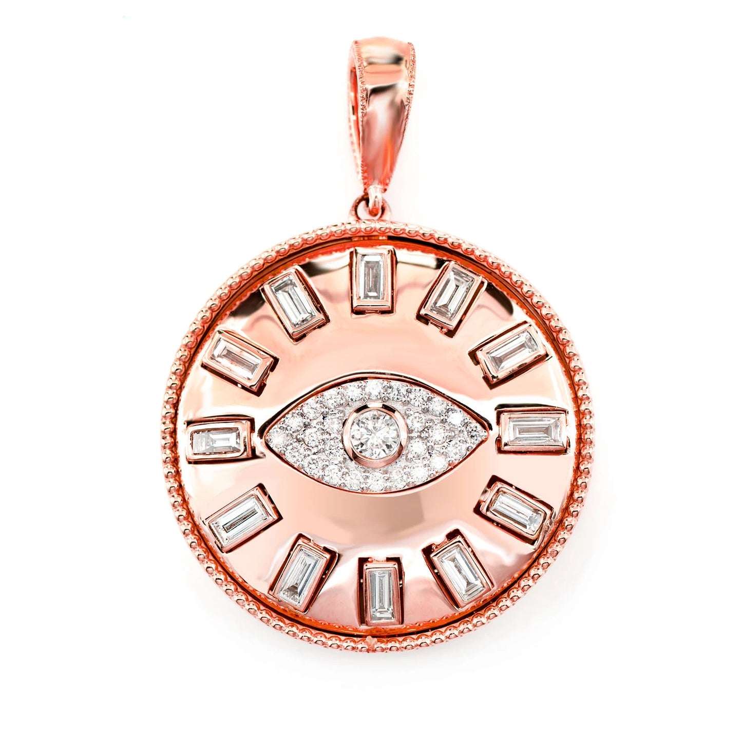 Evil Eye Baguette Diamond Medallion Pendant in 14K rose gold, front view