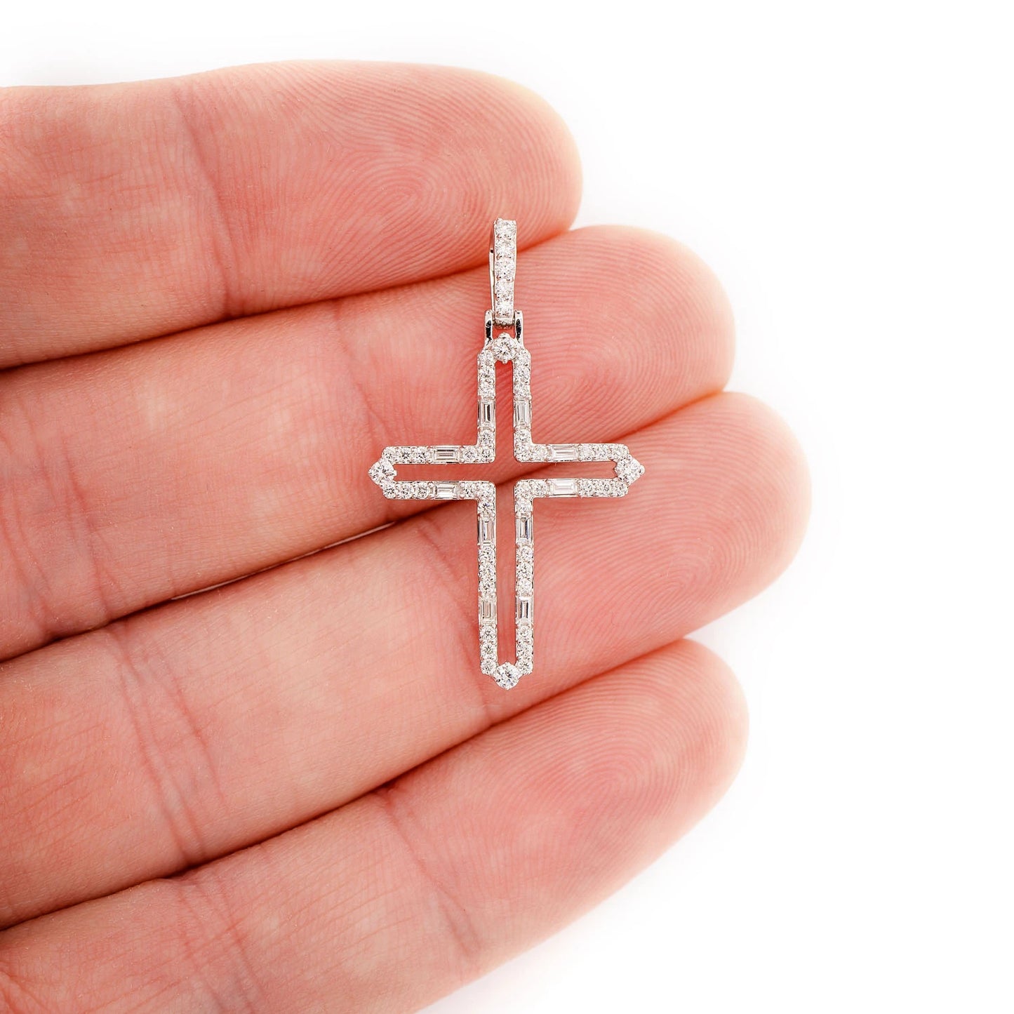 Four Point Round and Baguette Diamond Open Cross Pendant