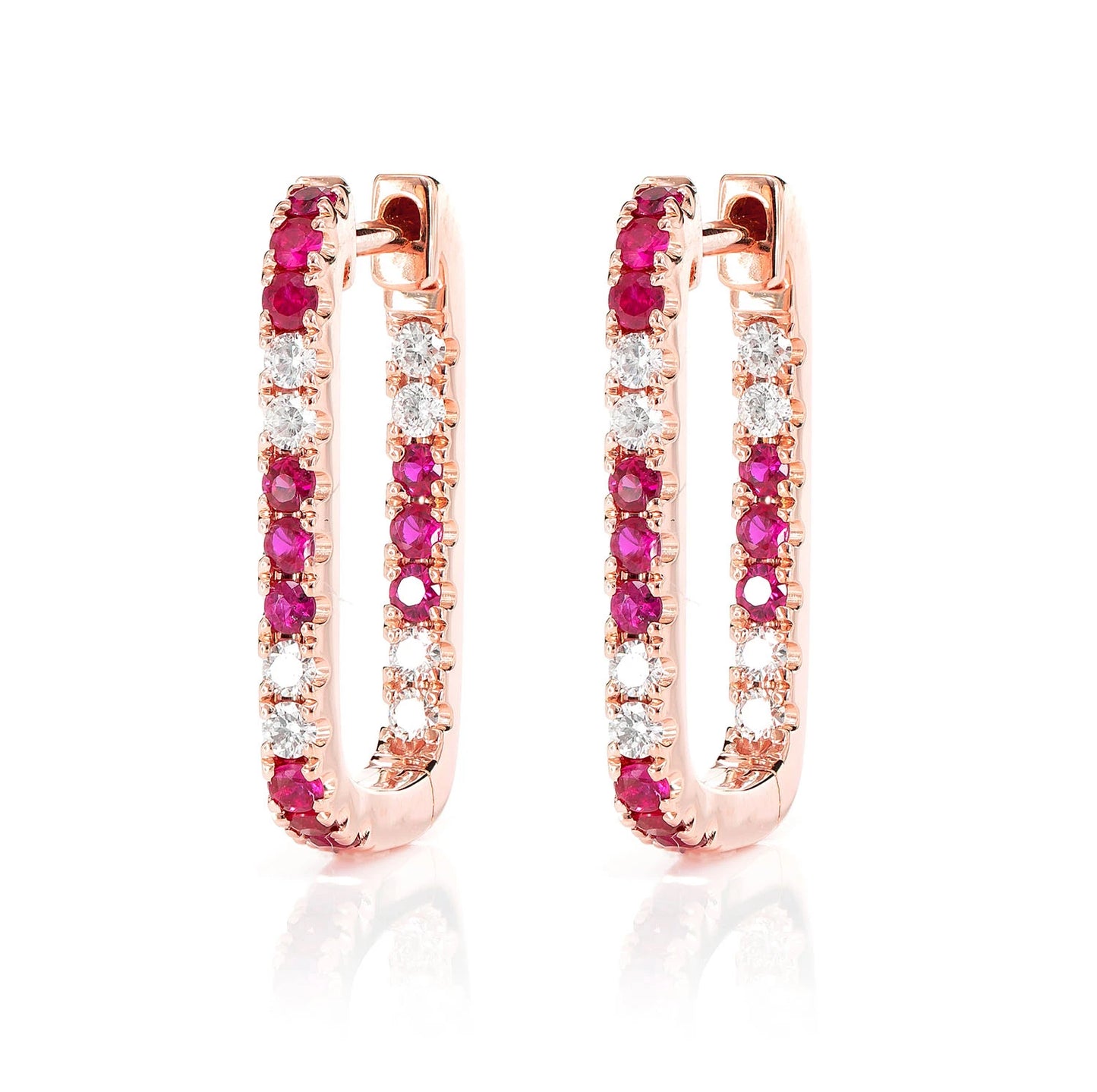 Ruby and Diamond Rectangle Huggie Hoop Earrings
