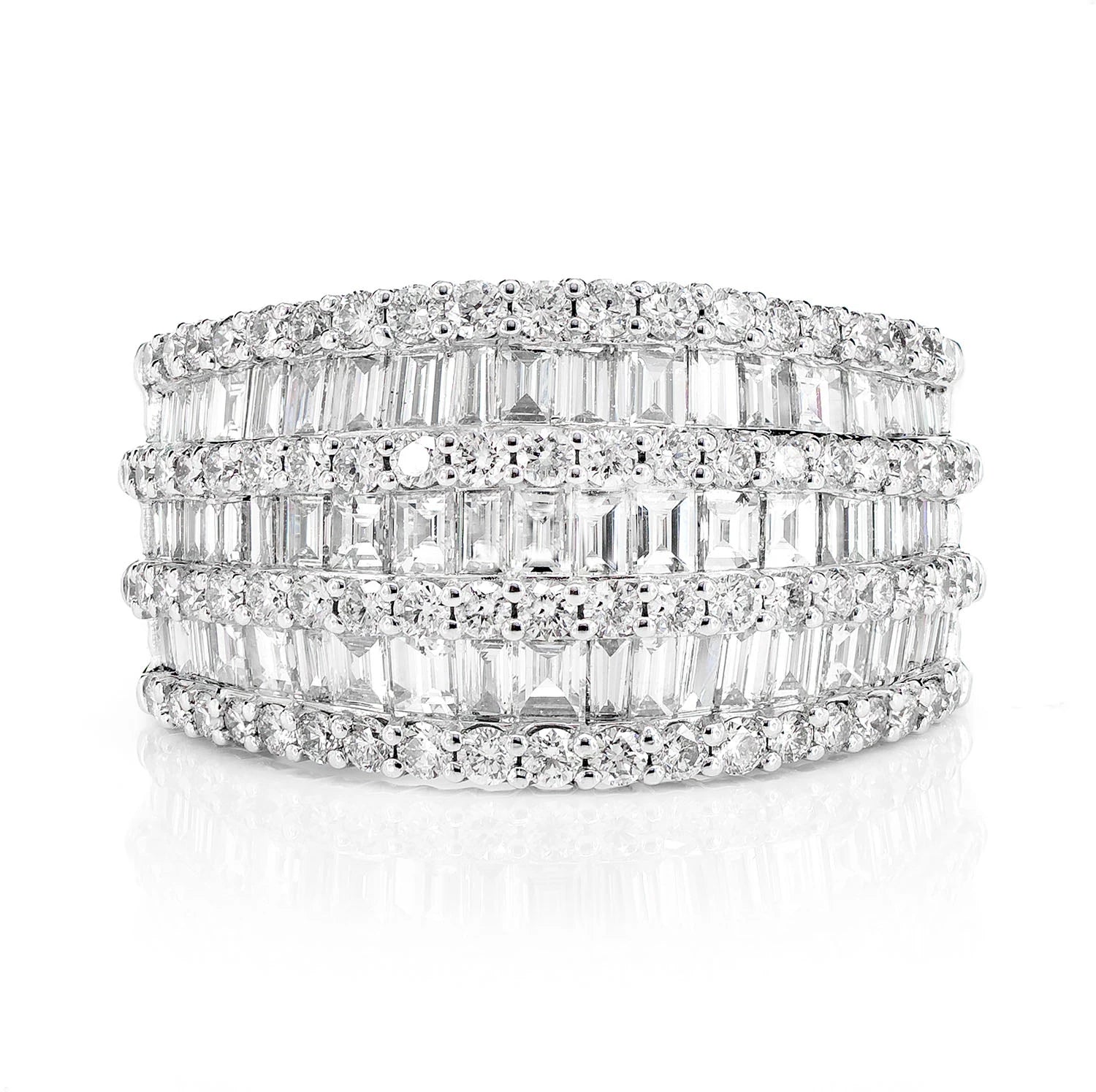 Tapered Three Row Baguette & Round Diamond Ring in 14K white gold, front view