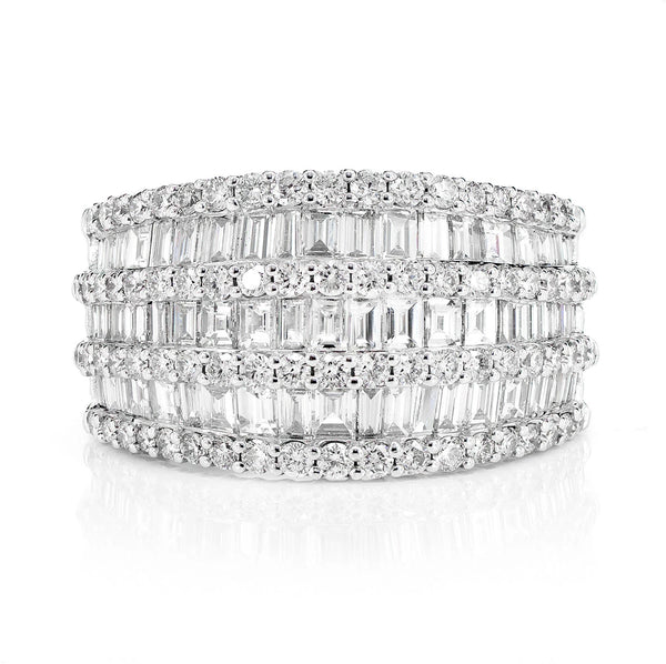 Tapered Three Row Baguette & Round Diamond Ring
