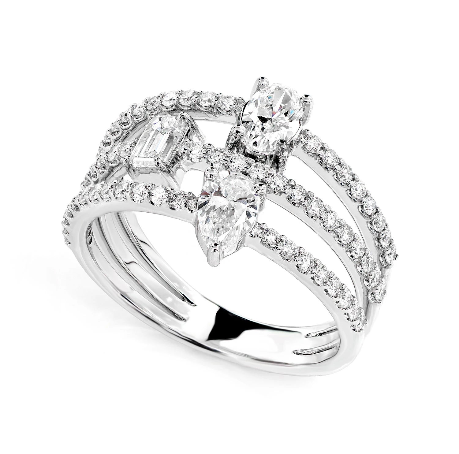 Three Row Multi-Shape Diamond Wrap Ring in 14K white gold, alternate view