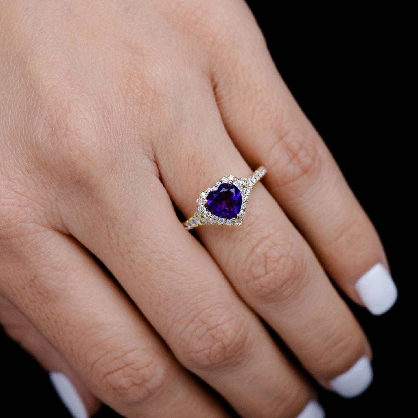 Heart Amethyst and Diamond Halo Ring