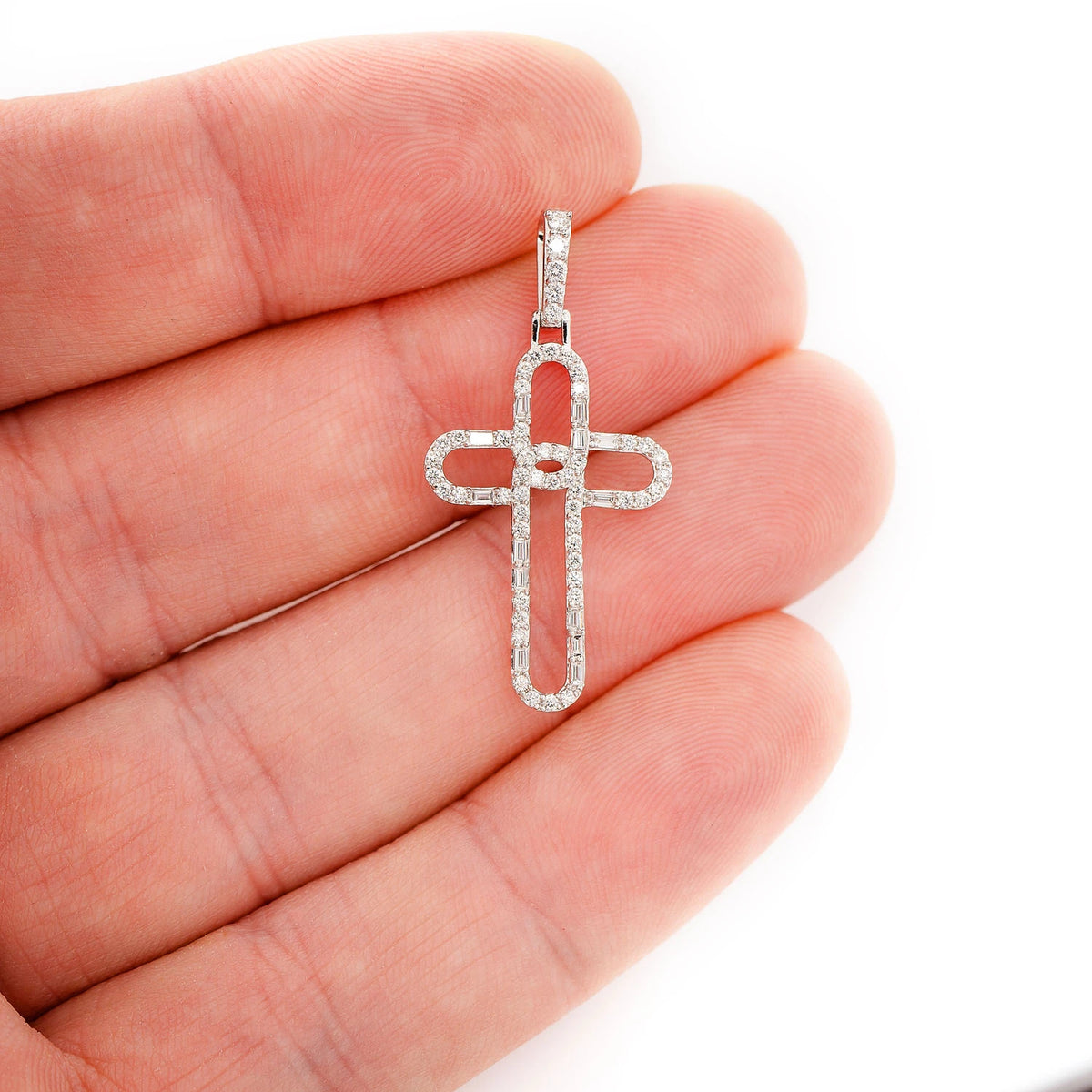 Open Baguette and Round Diamond Trinity Cross Pendant