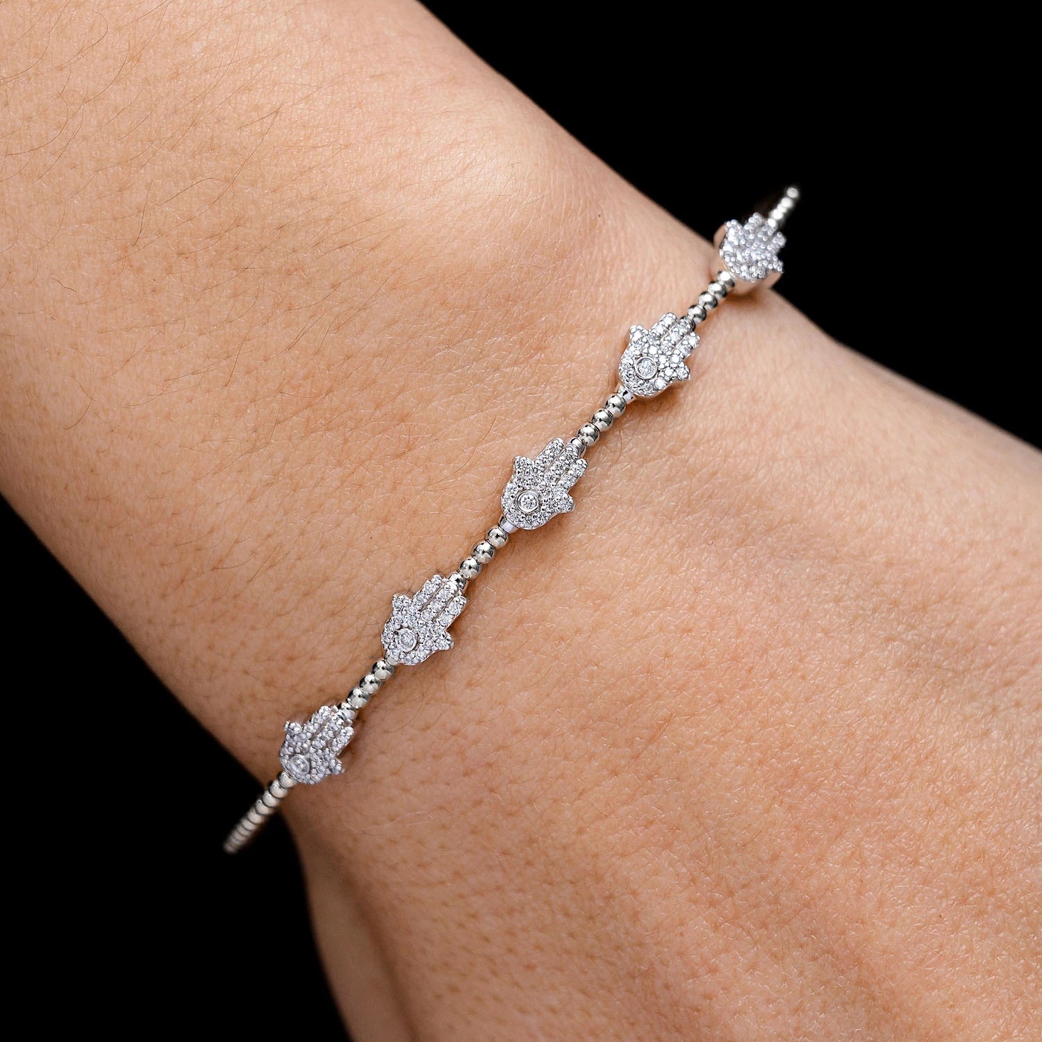 Beaded Hamsa Diamond Flex Bangle Bracelet in 14K white gold, detail view