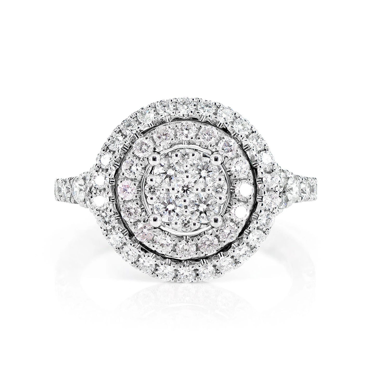 Double Halo Round Cluster Diamond Ring in 14K white gold, front view
