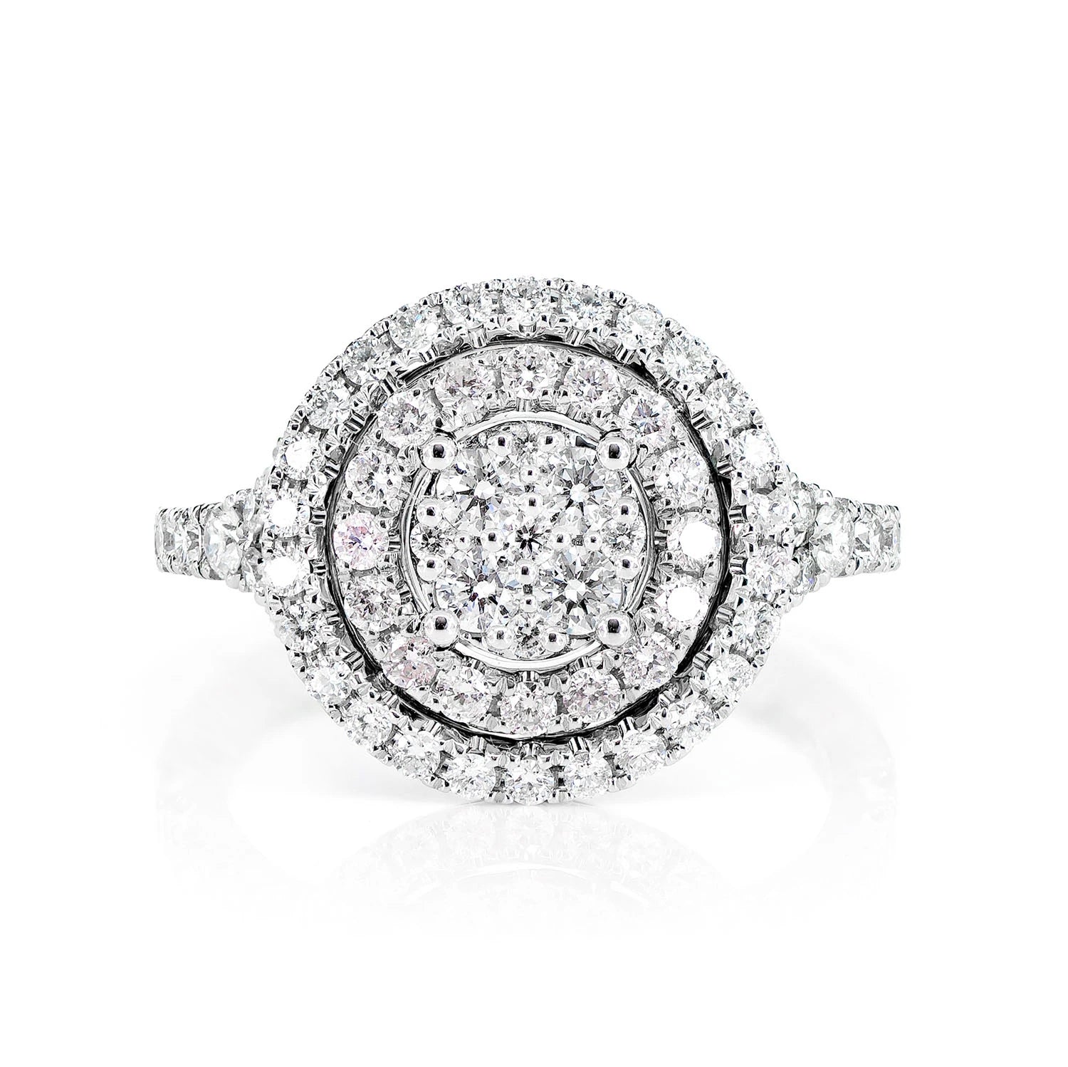 Double Halo Round Cluster Diamond Ring in 14K white gold, front view