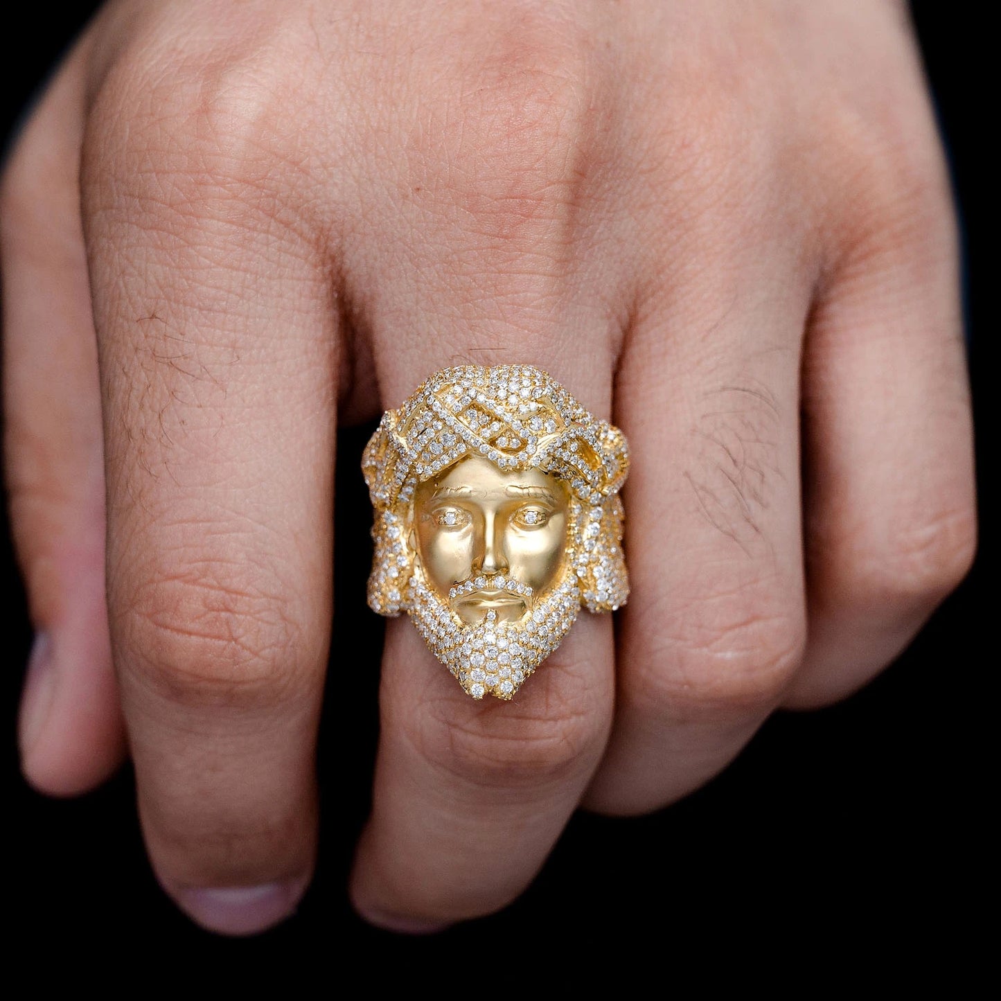 Jesus Face Diamond Signet Ring in 14K yellow gold, alternate view