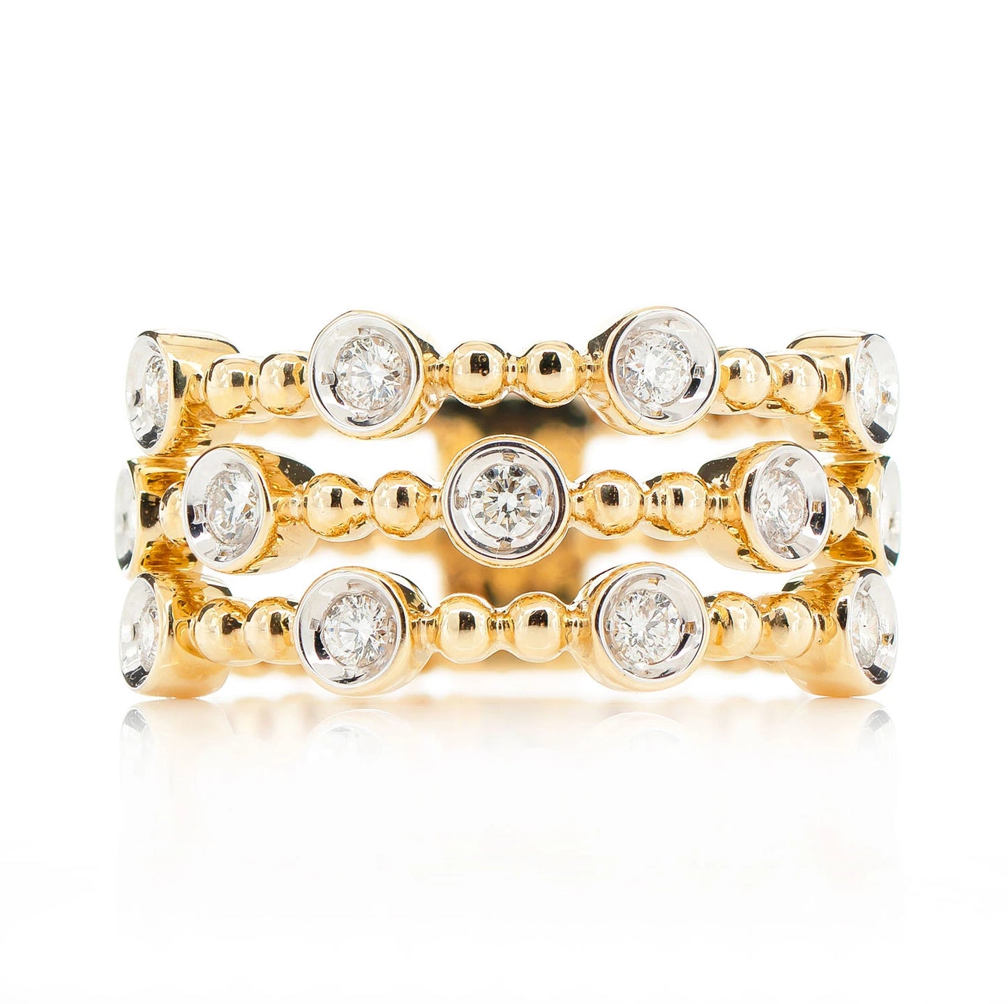 Four Row Scattered Beaded Bezel Diamond Band in 14K yellow gold, front view
