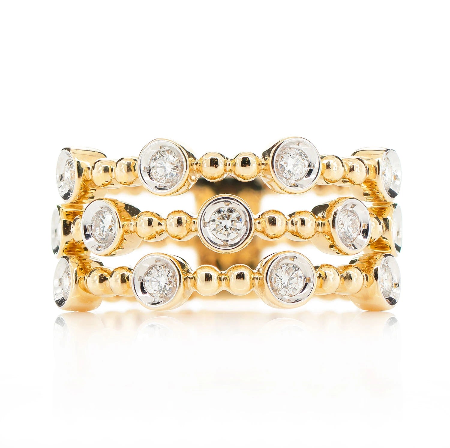 Four Row Scattered Beaded Bezel Diamond Band in 14K yellow gold, front view