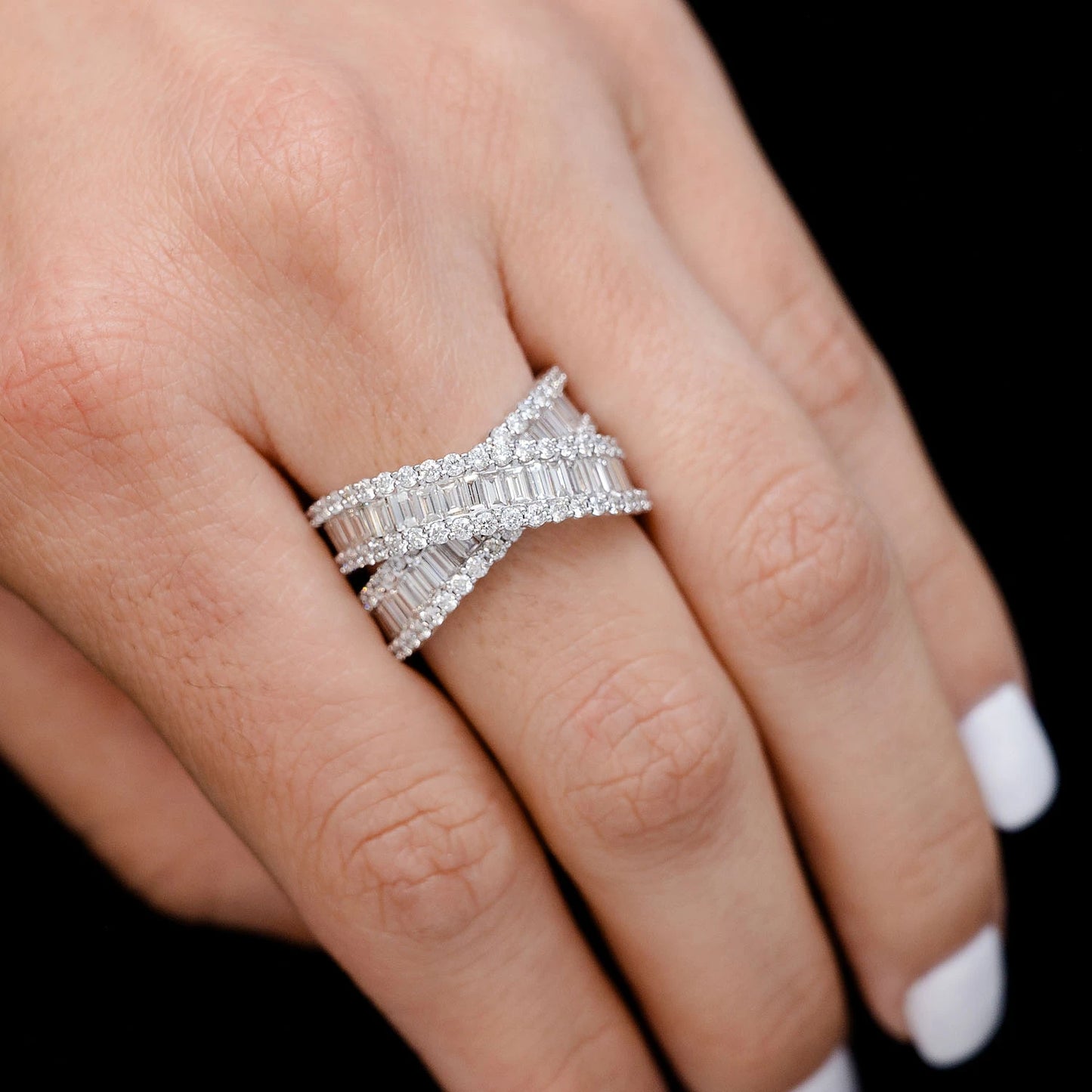 Baguette Crossover Diamond Ring in 14K white gold, alternate view