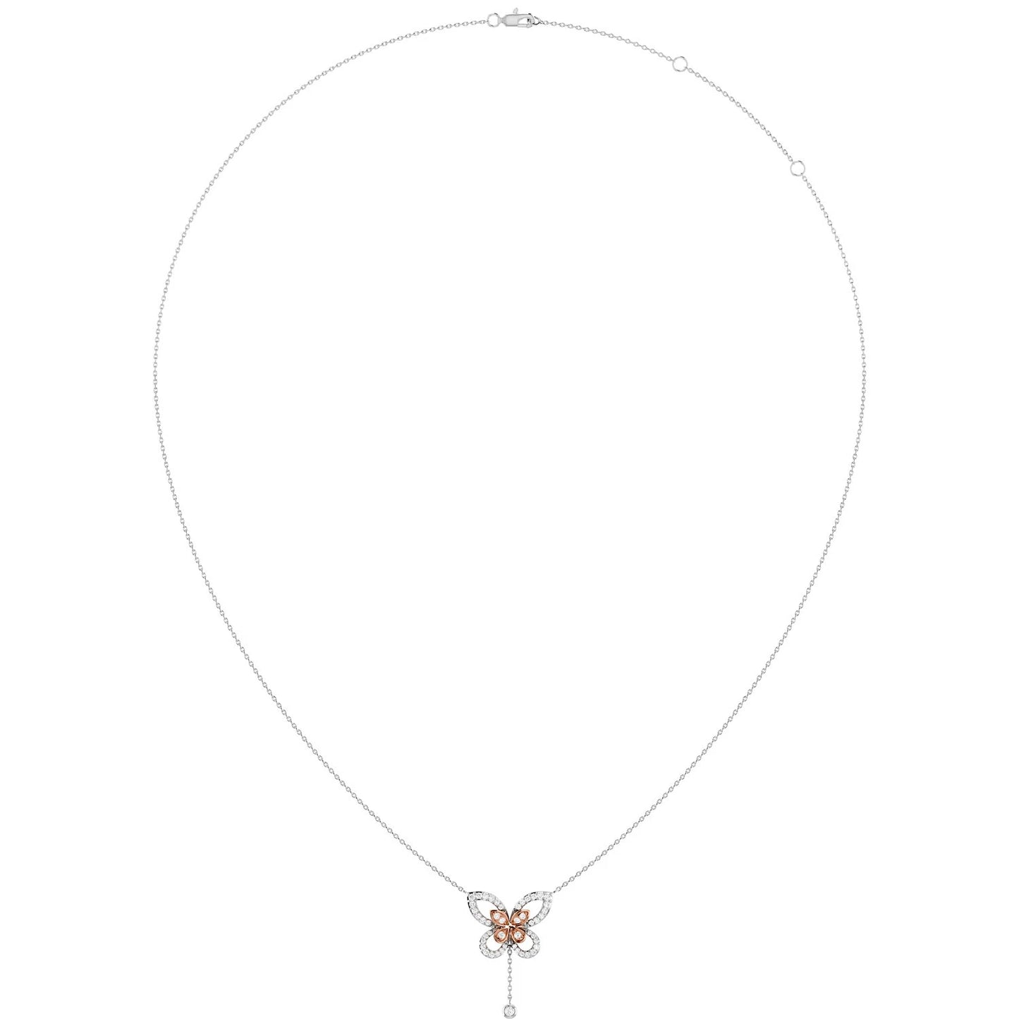 Butterfly Diamond Necklace in two tone rose 14k gold, angled view