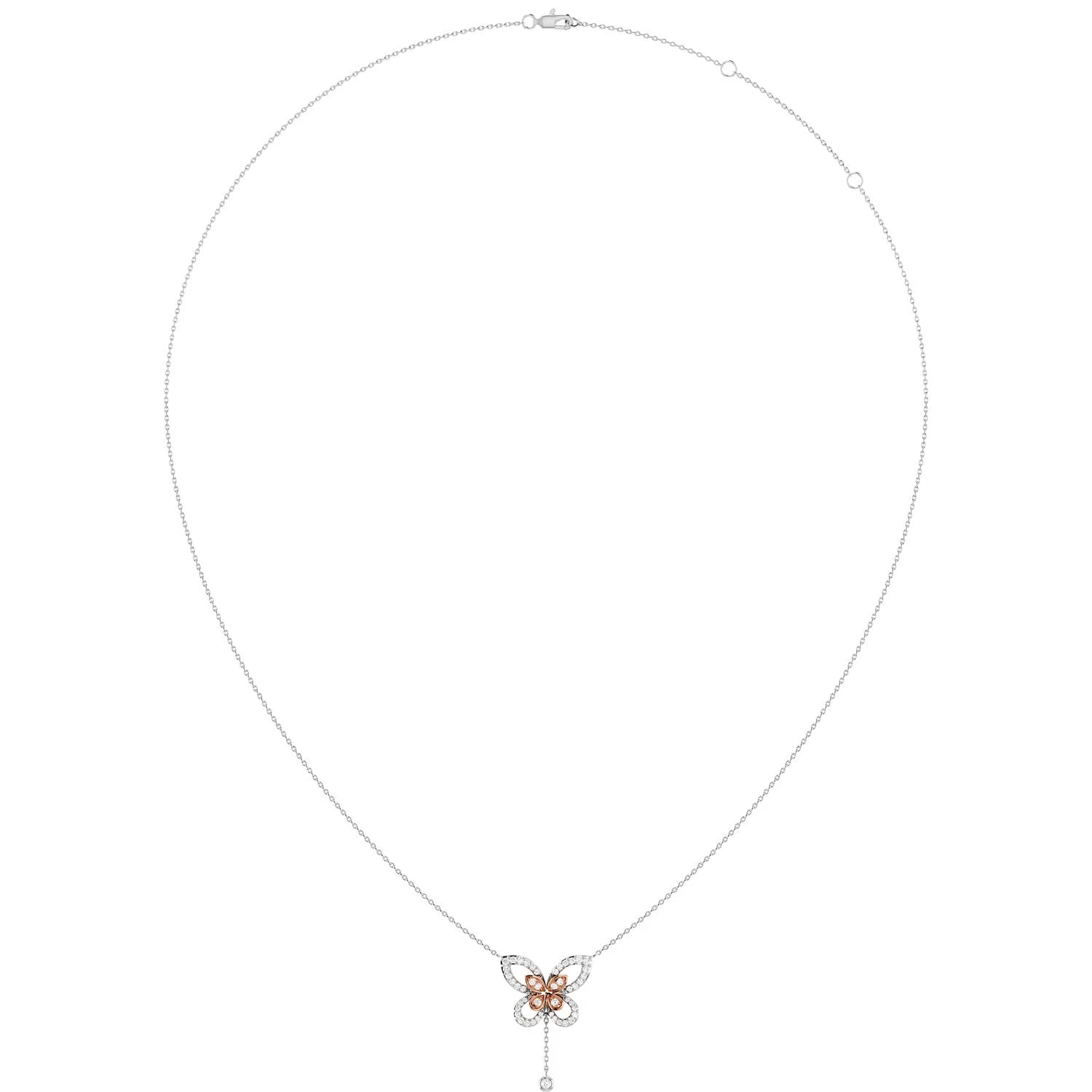 Butterfly Diamond Necklace in two tone rose 14k gold, angled view