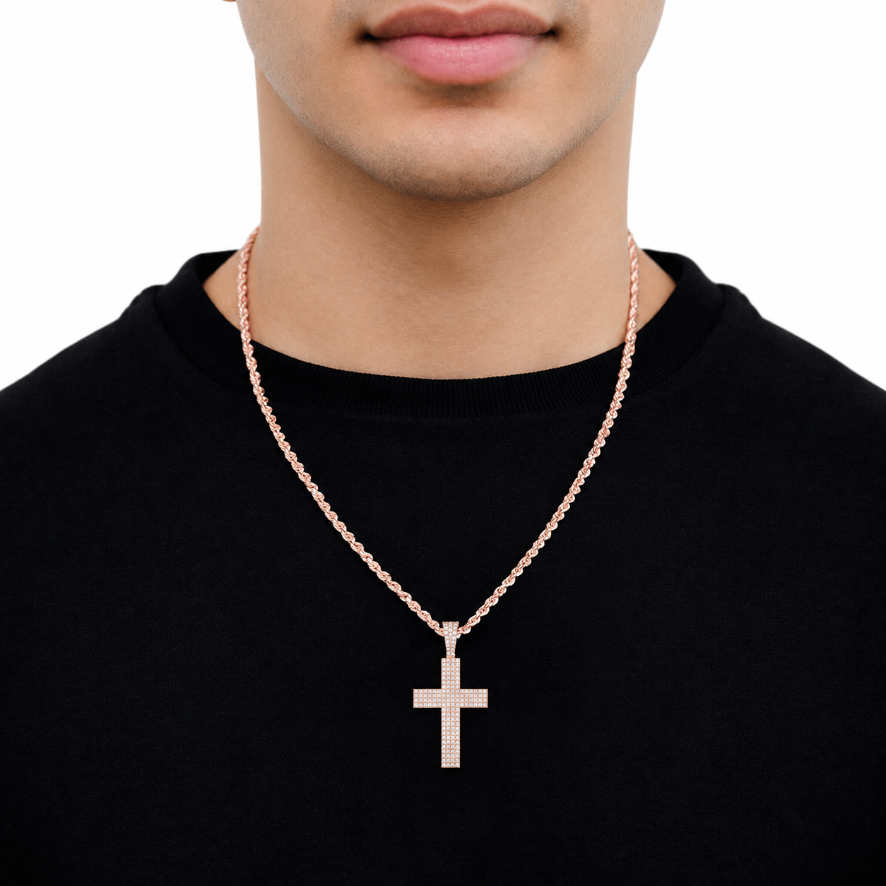 Pavé Cross Pendant in 14K rose gold, angled view