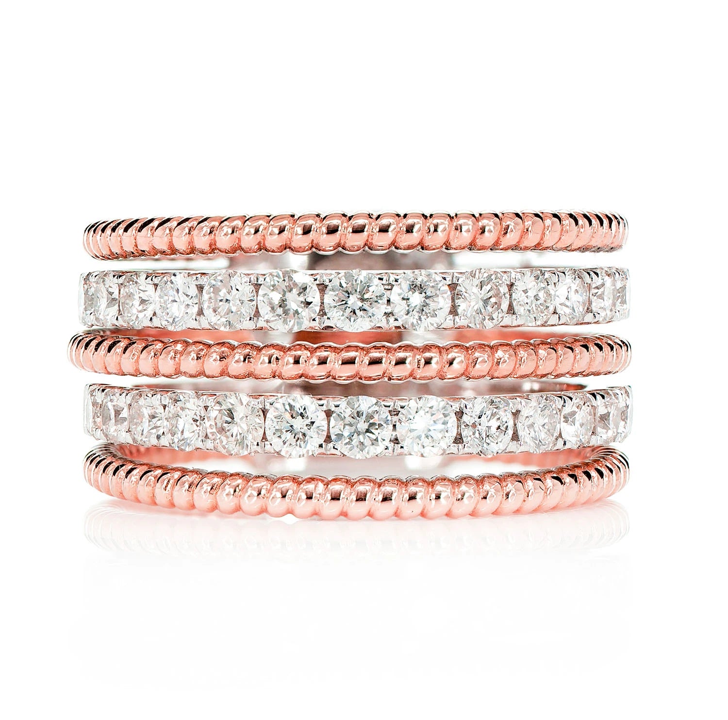 Two Row Satin Diamond Rope Band in two tone rose 14k gold, front view