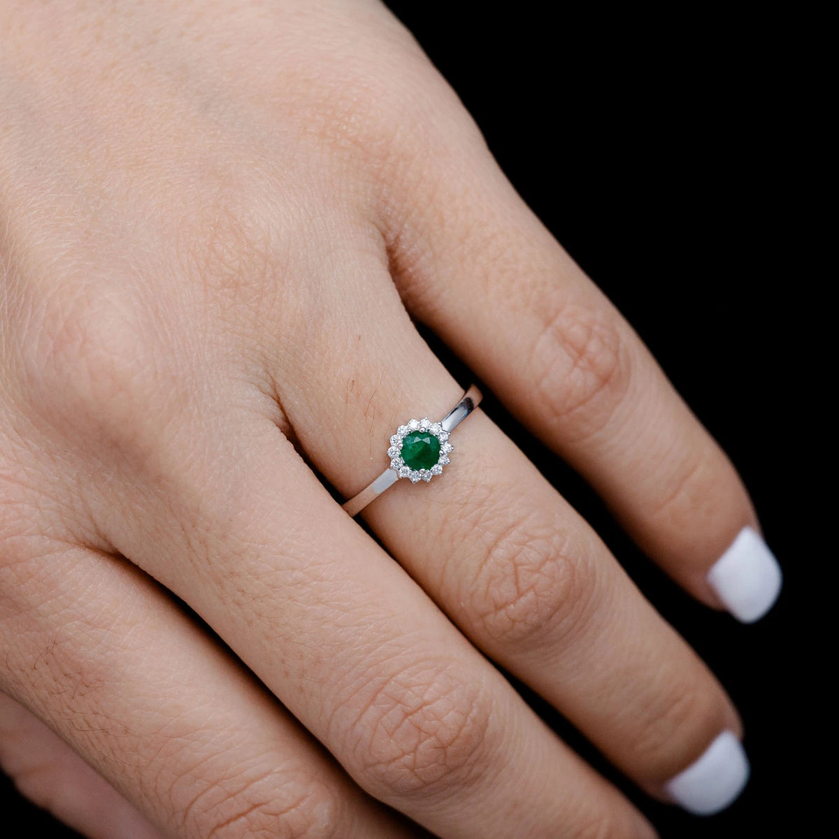 Round Emerald and Diamond Halo Ring
