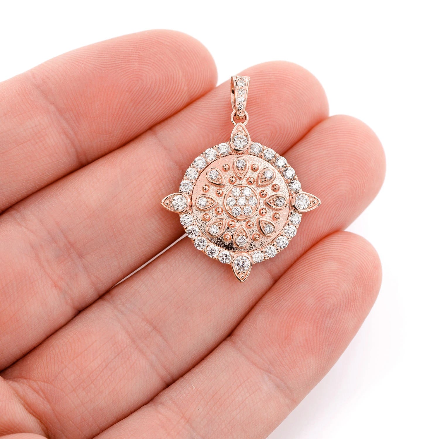 Ornate Cluster Medallion Pendant in 14K rose gold, angled view