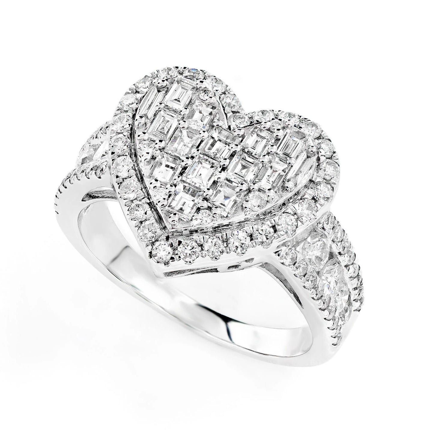 Two Layer Baguette and Round Diamond Heart Ring