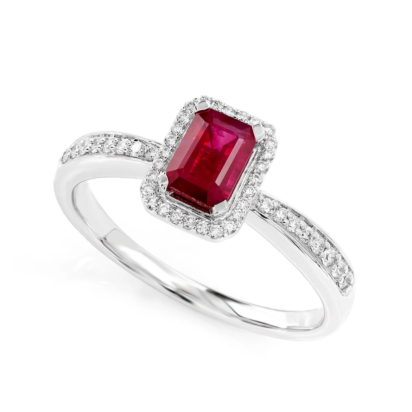 Emerald Cut Ruby Gemstone and Diamond Halo Ring