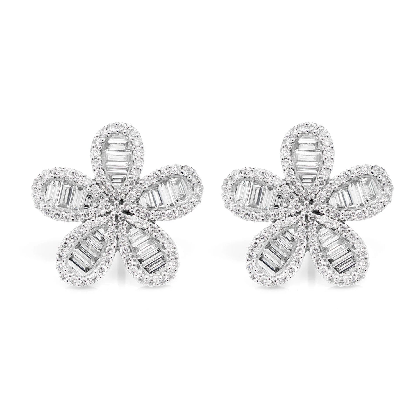 Baguette and Round Border Flower Diamond Stud Earrings