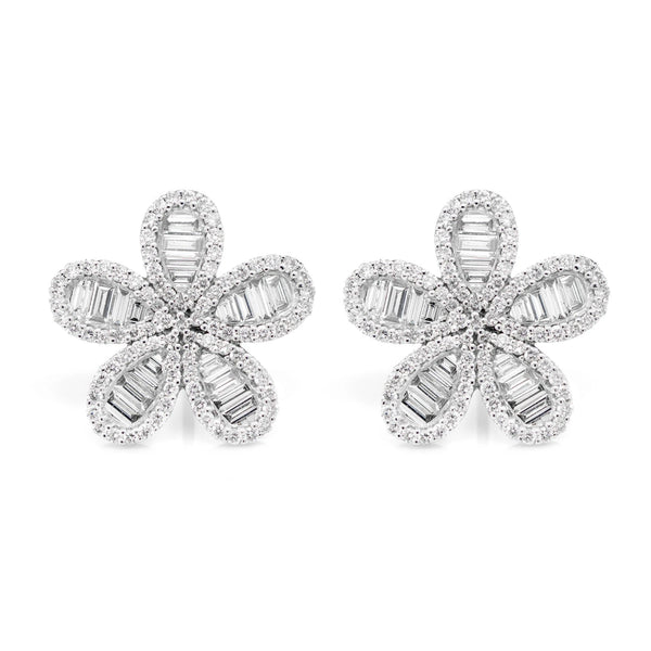 Baguette and Round Border Flower Diamond Stud Earrings