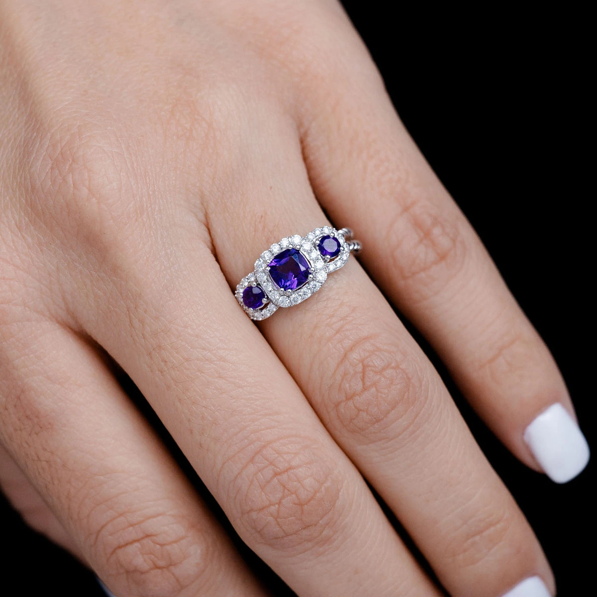 Amethyst and Diamond Three Stone Split Shank Rope Ring