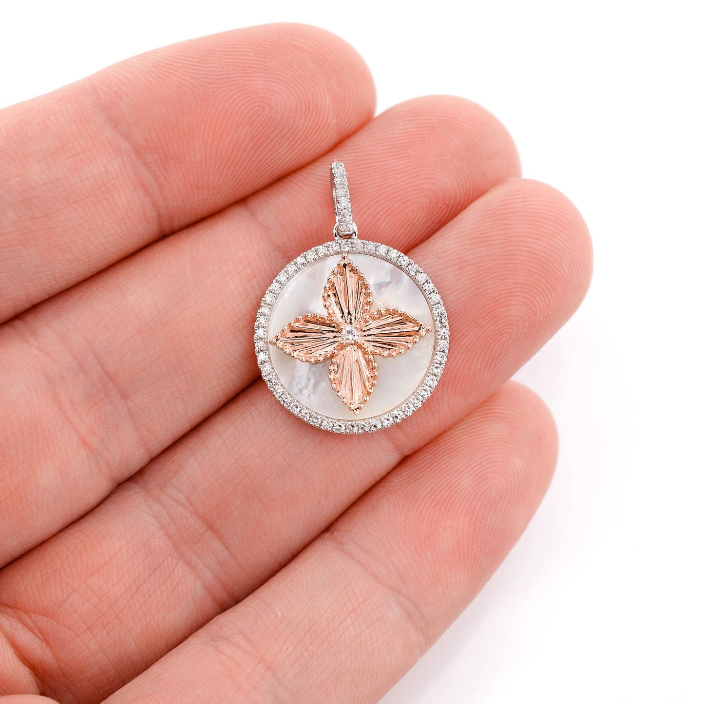Mother of Pearl Four Petal Flower Diamond Pendant in two tone rose 14k gold, angled view
