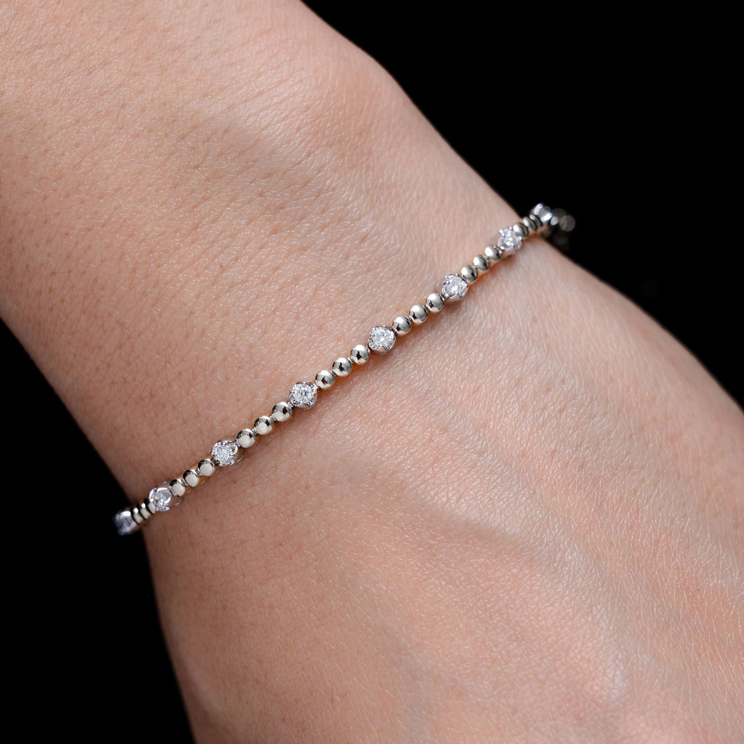 Beaded Crown Set Diamond Bracelet in 14K white gold, Two-Tone, alternate view