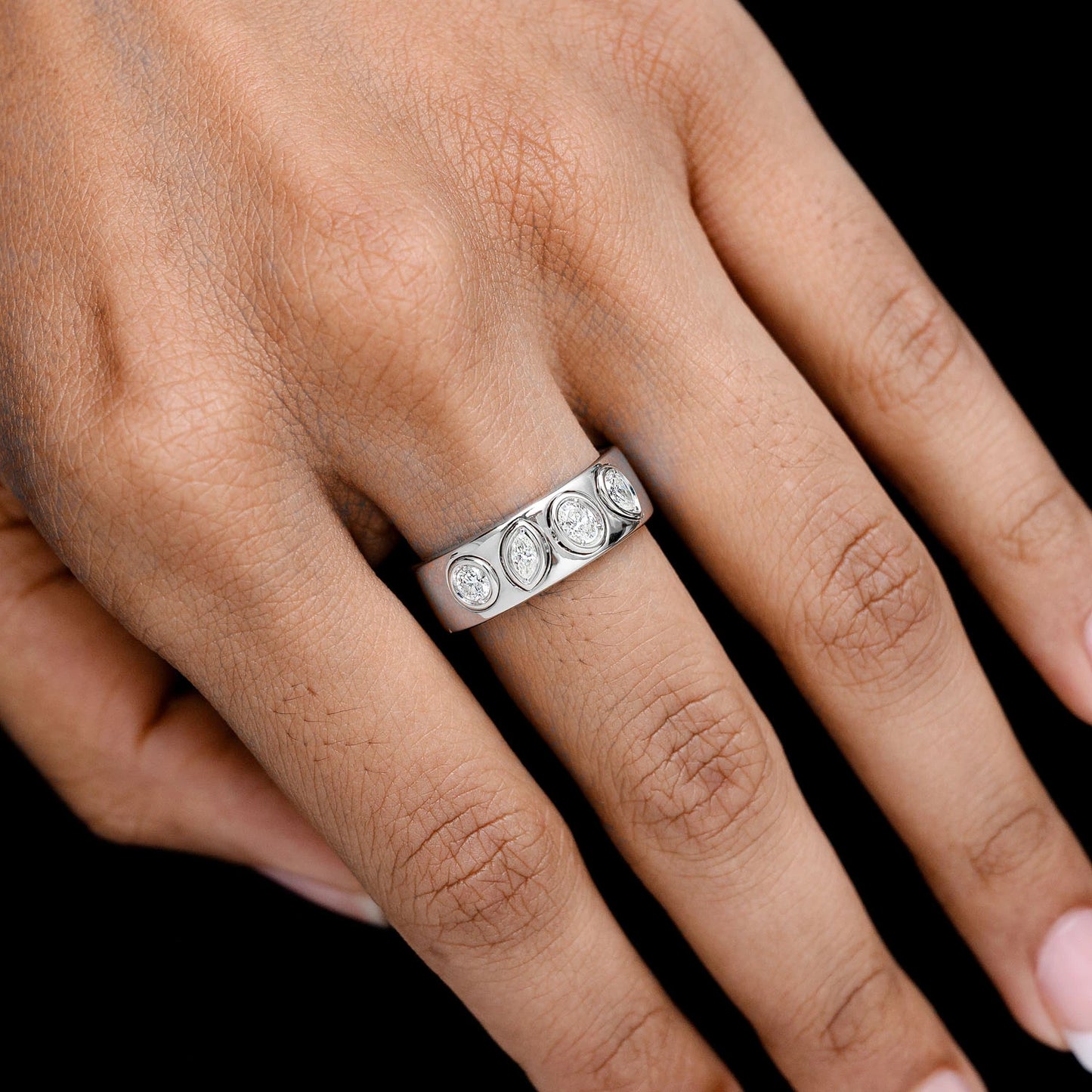 Alternating Multi-Shape Bezel Ring in 14K white gold, alternate view
