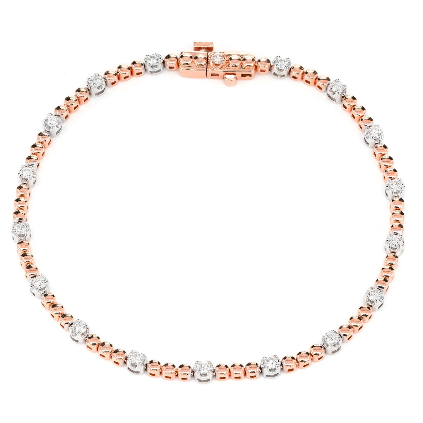 Crown Set Beaded Diamond Link Bracelet in two tone rose 14k gold, front view