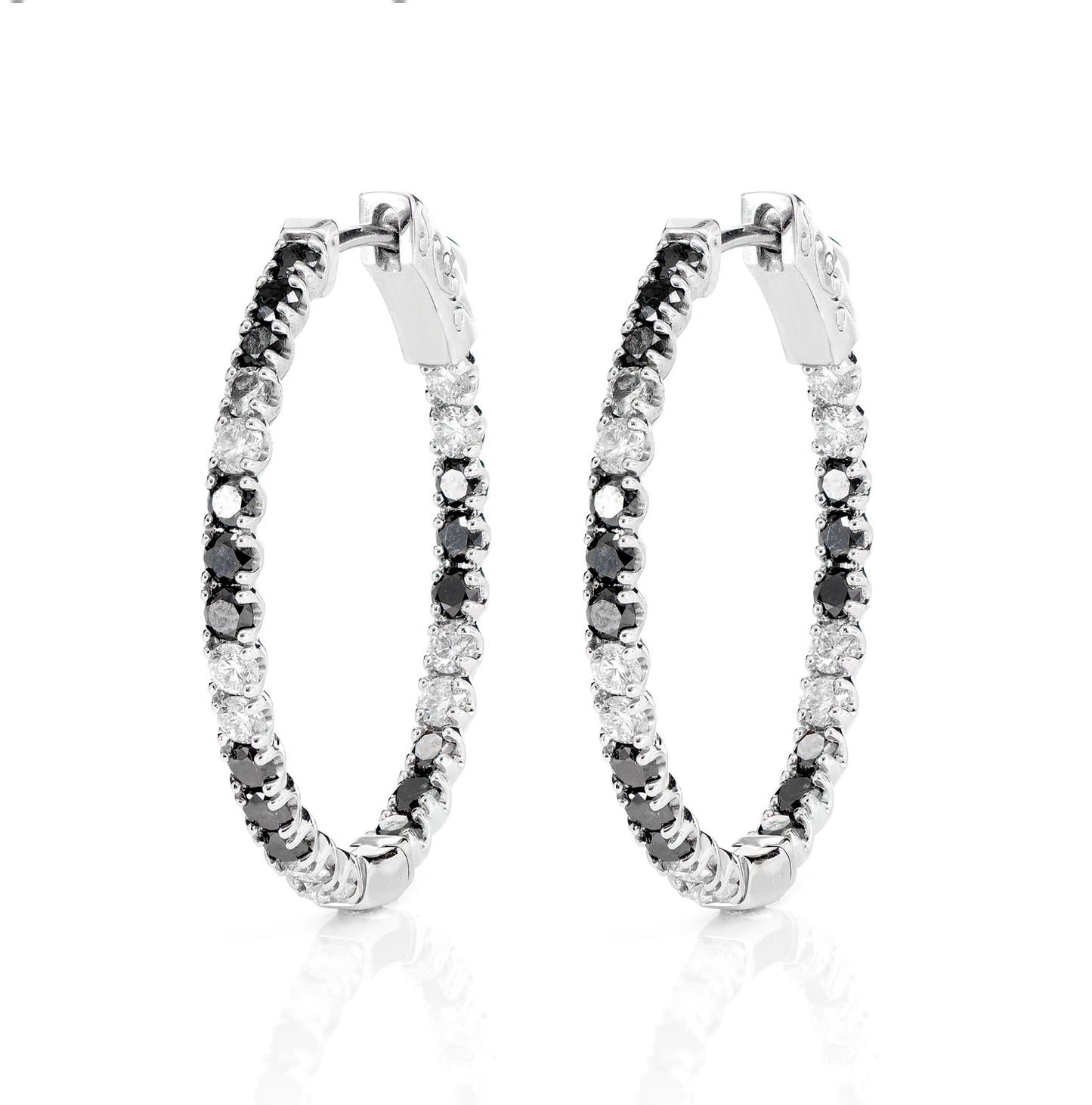 Black and White Diamond Inside Outside Oval Hoop Earrings