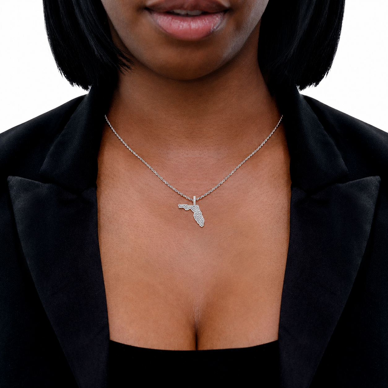US State Diamond Pendant in 14K white gold, Florida design, angled view