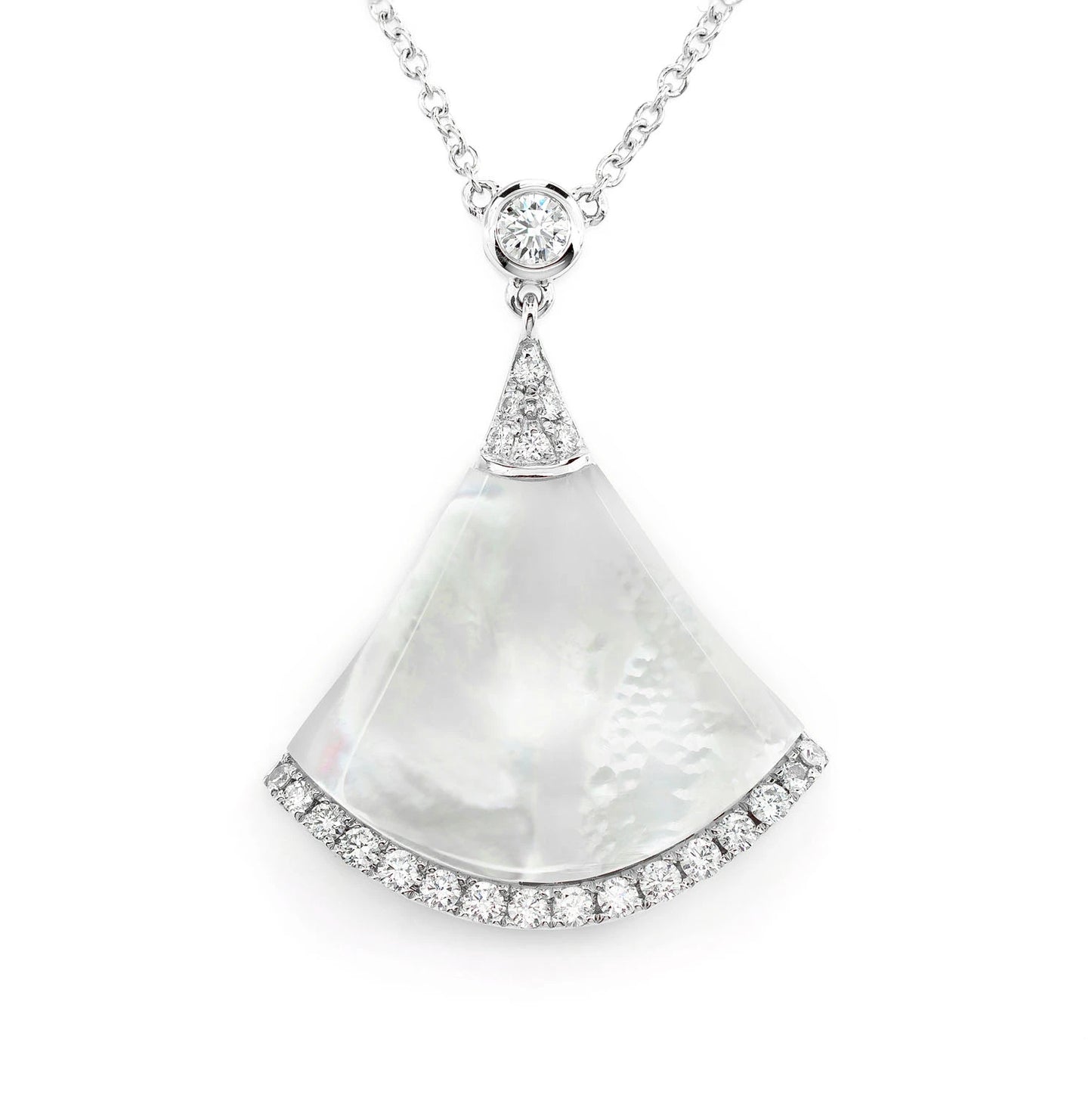 Mother of Pearl Fan Diamond Necklace in 14K white gold, front view