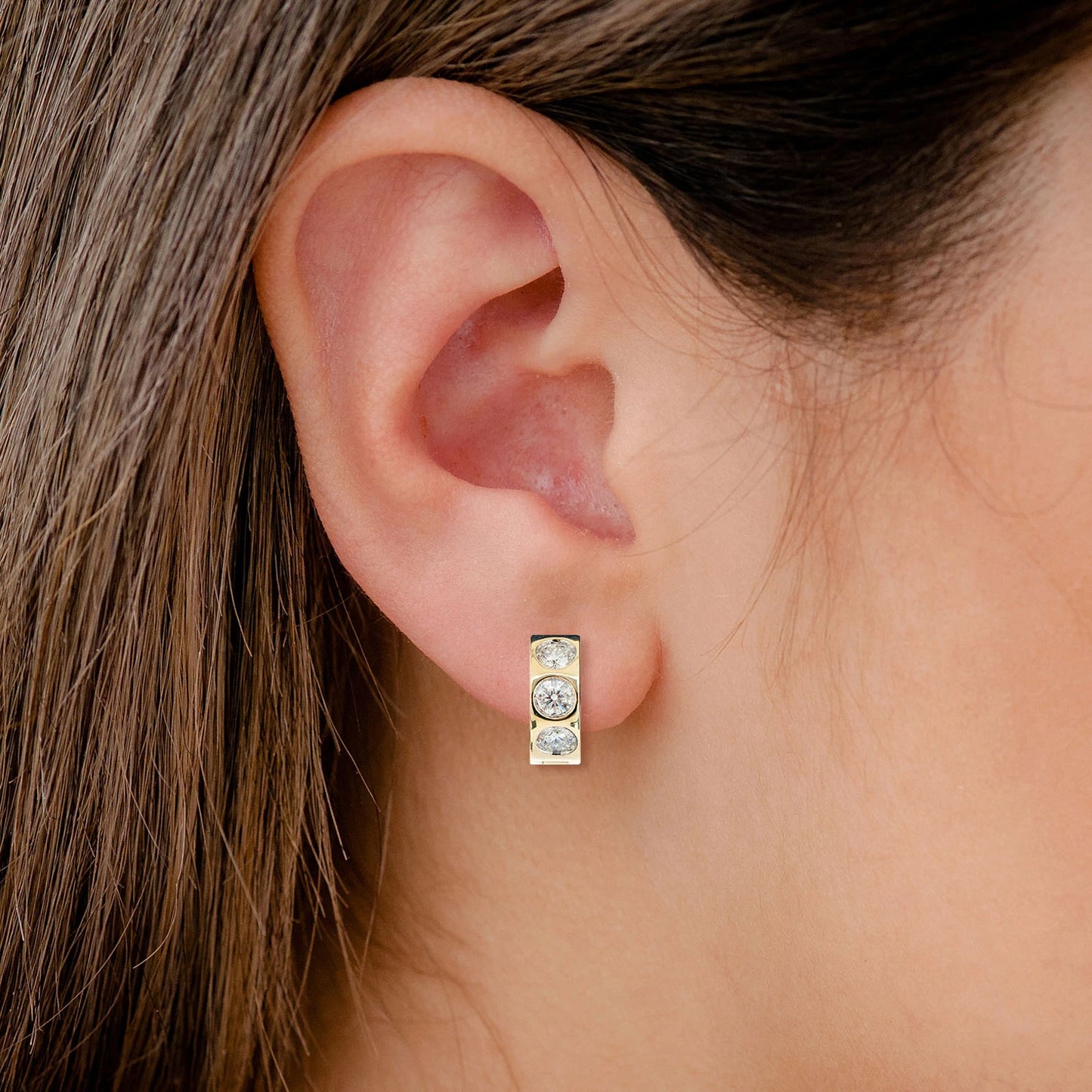 Three stone Diamond Bezel Set Huggie Earrings