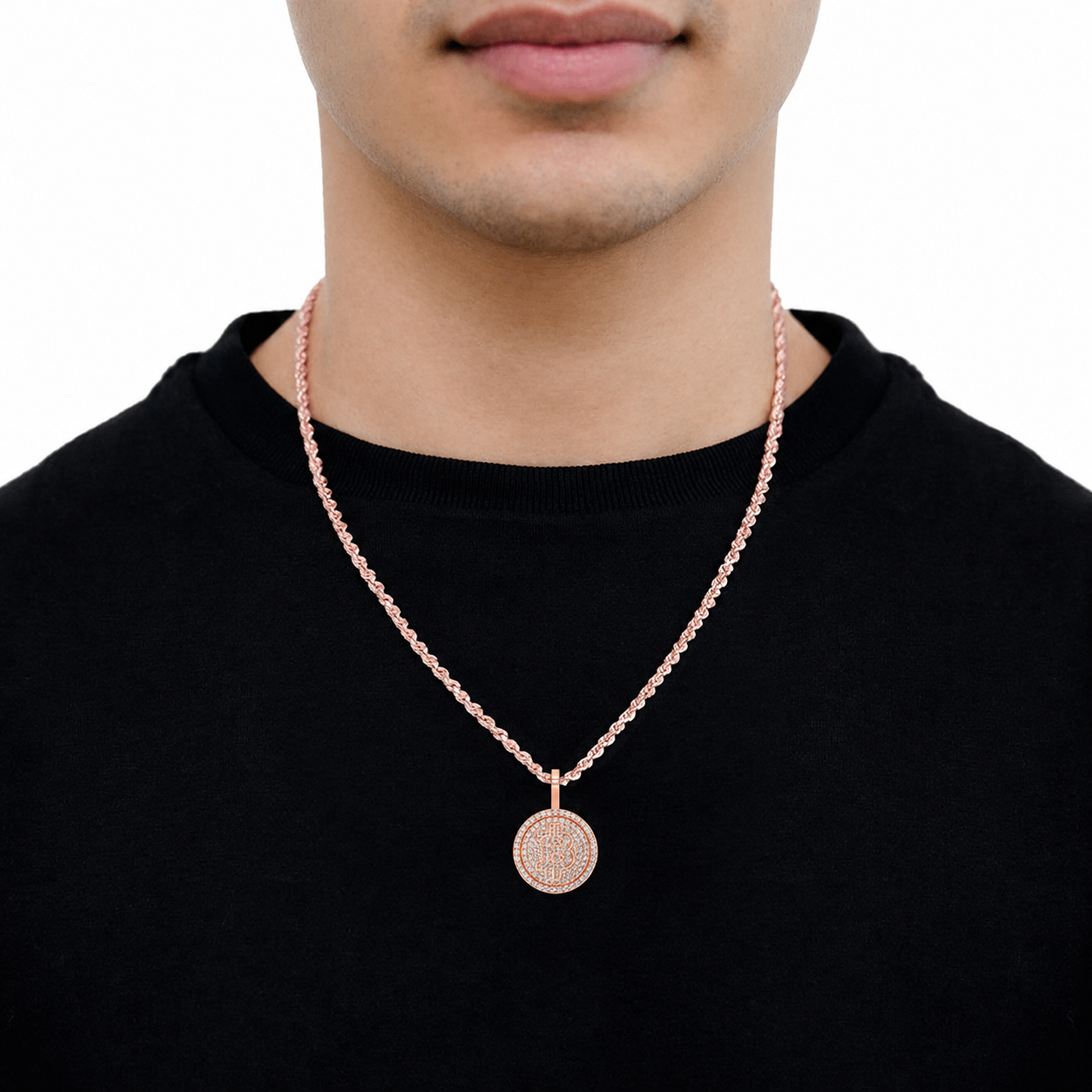 Bitcoin Diamond Pendant in 14K rose gold, angled view