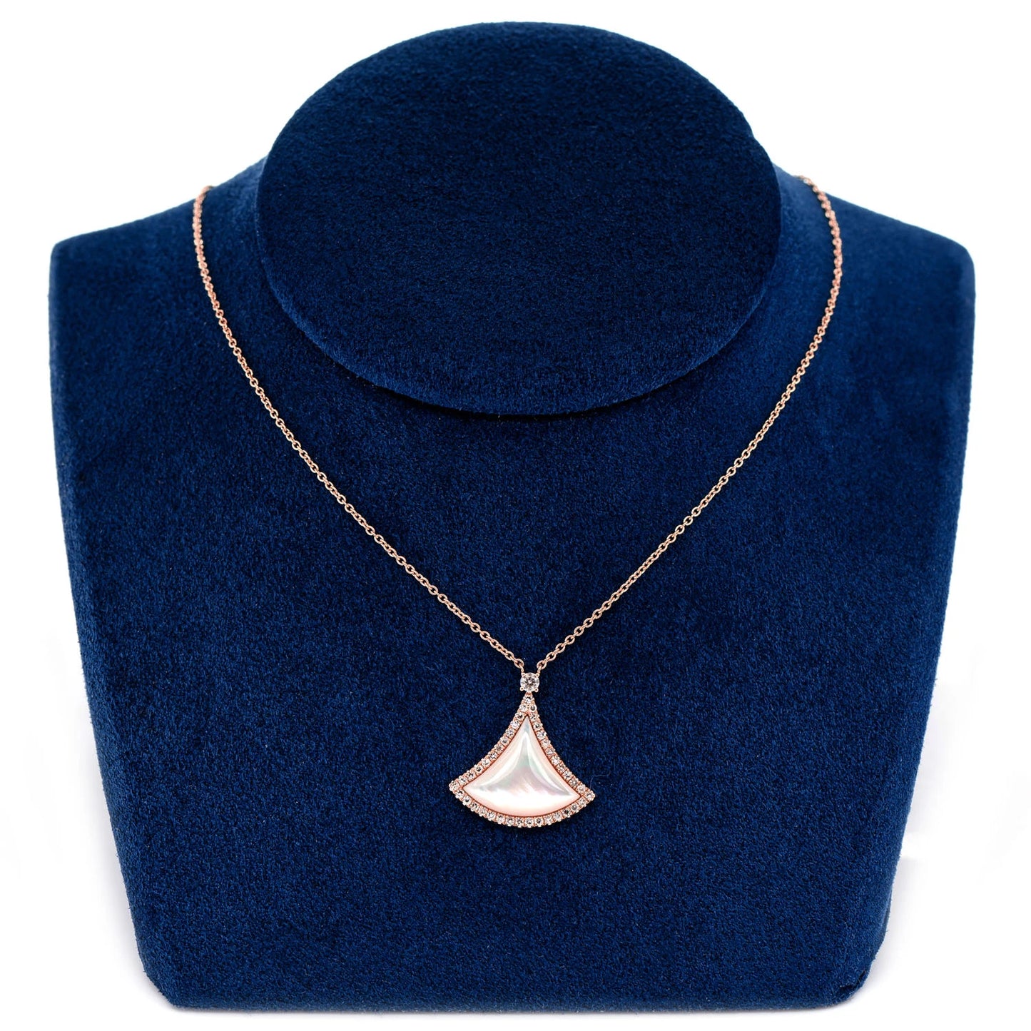 Curved Mother of Pearl Triangle Diamond Necklace in 14K rose gold, angled view