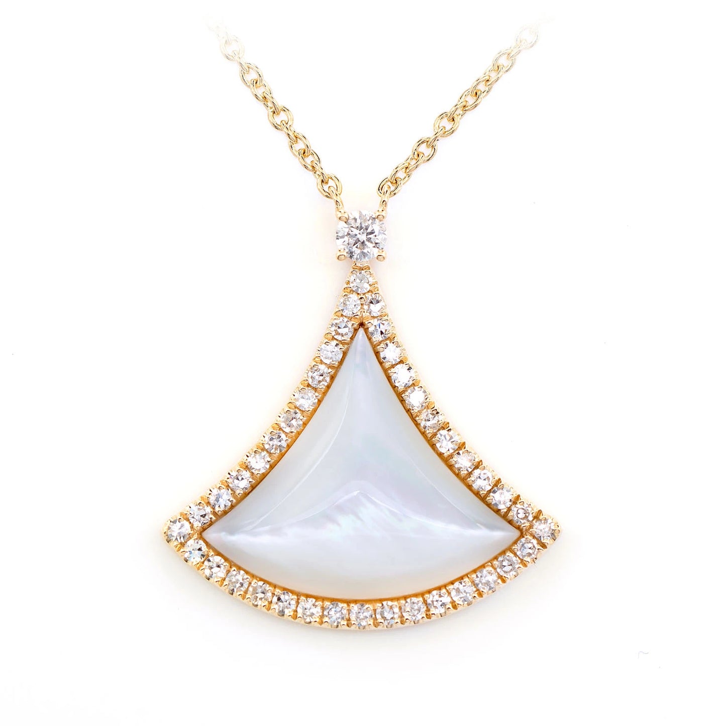 Curved Mother of Pearl Triangle Diamond Necklace in 14K yellow gold, front view
