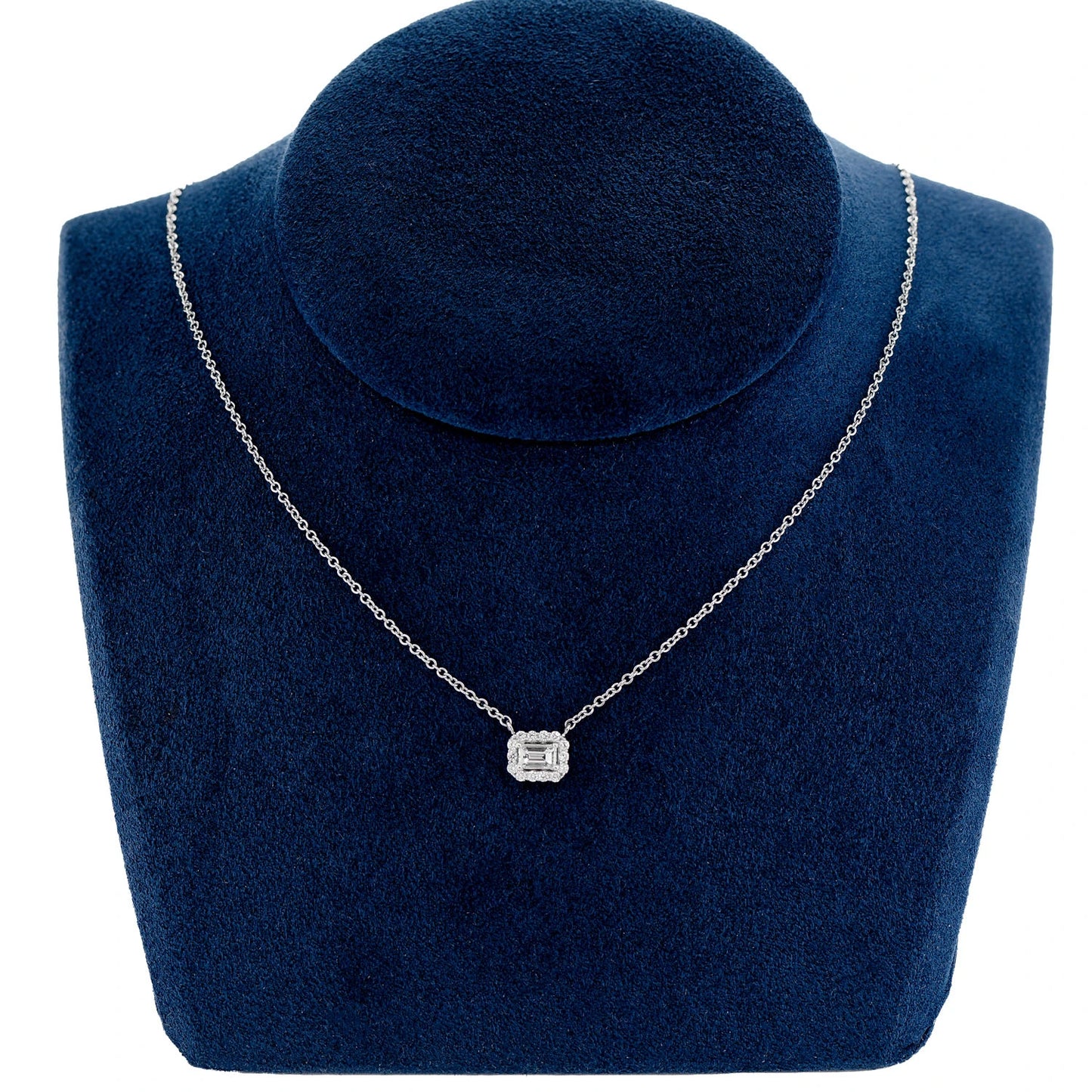 Baguette Halo Diamond Pendant in 14K white gold, angled view