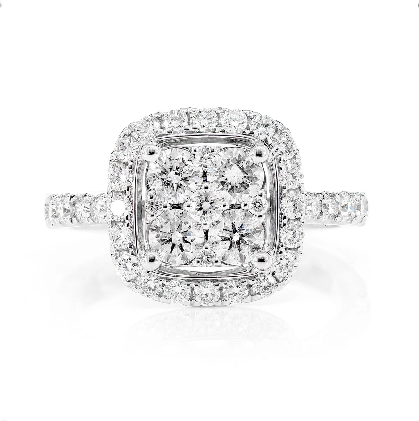 Rounded Square Cluster Diamond Ring in 14K white gold, front view