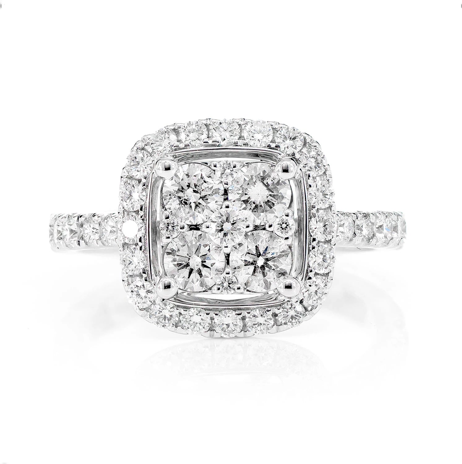 Rounded Square Cluster Diamond Ring in 14K white gold, front view